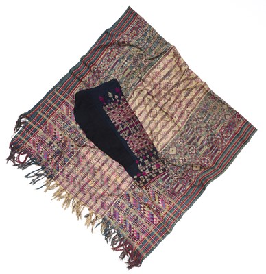 Lot 58 - A LARGE BHUTANESE EMBROIDERED SHAWL, AND PAIR OF LAO TROUSERS, FIRST HALF 20TH CENTURY