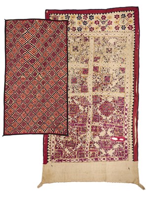 Lot 177 - A BANJARI SILK AND MIRRORWORK EMBROIDERED PANEL AND A HANGING, NORTH INDIA, 20TH CENTURY