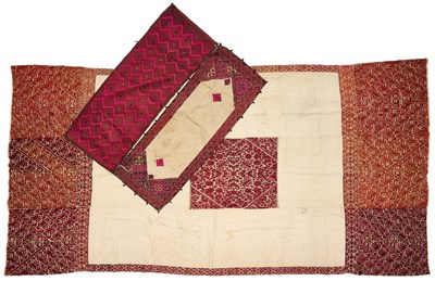 Lot 106 - TWO EMBROIDERED PILLOW COVERS AND A WEDDING SHAWL, SWAT VALLEY, PAKISTAN, FIRST HALF 20TH CENTURY