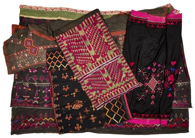 Lot 88 - A KOHISTAN VALLEY WEDDING SHAWL, WITH THREE OTHERS AND A KOHISTAN WEDDING TURBAN, 20TH CENTURY