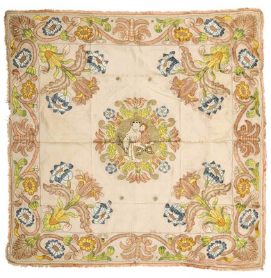 Lot 35 - A SILK AND METAL THREAD EMBROIDERED CHALICE COVER, PROBABLY CASTELO BRANCO, PORTUGAL, 18TH CENTURY