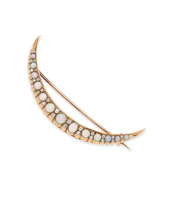 Lot 36 - VICTORIAN GOLD, OPAL AND DIAMOND CRESCENT BROOCH, 1890s