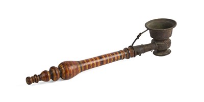 Lot 504 - A SINHALESE TURNED WOOD AND BRONZE RITUAL CRESSET, SRI LANKA, 19TH CENTURY