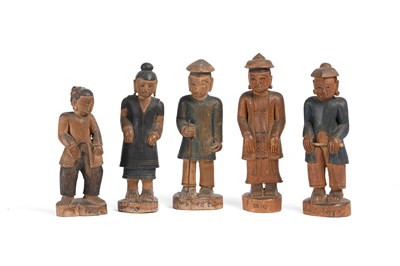 Lot 484 - FIVE CARVED AND PAINTED WOOD FIGURES, BURMA (NOW MYANMAR), CIRCA 1900
