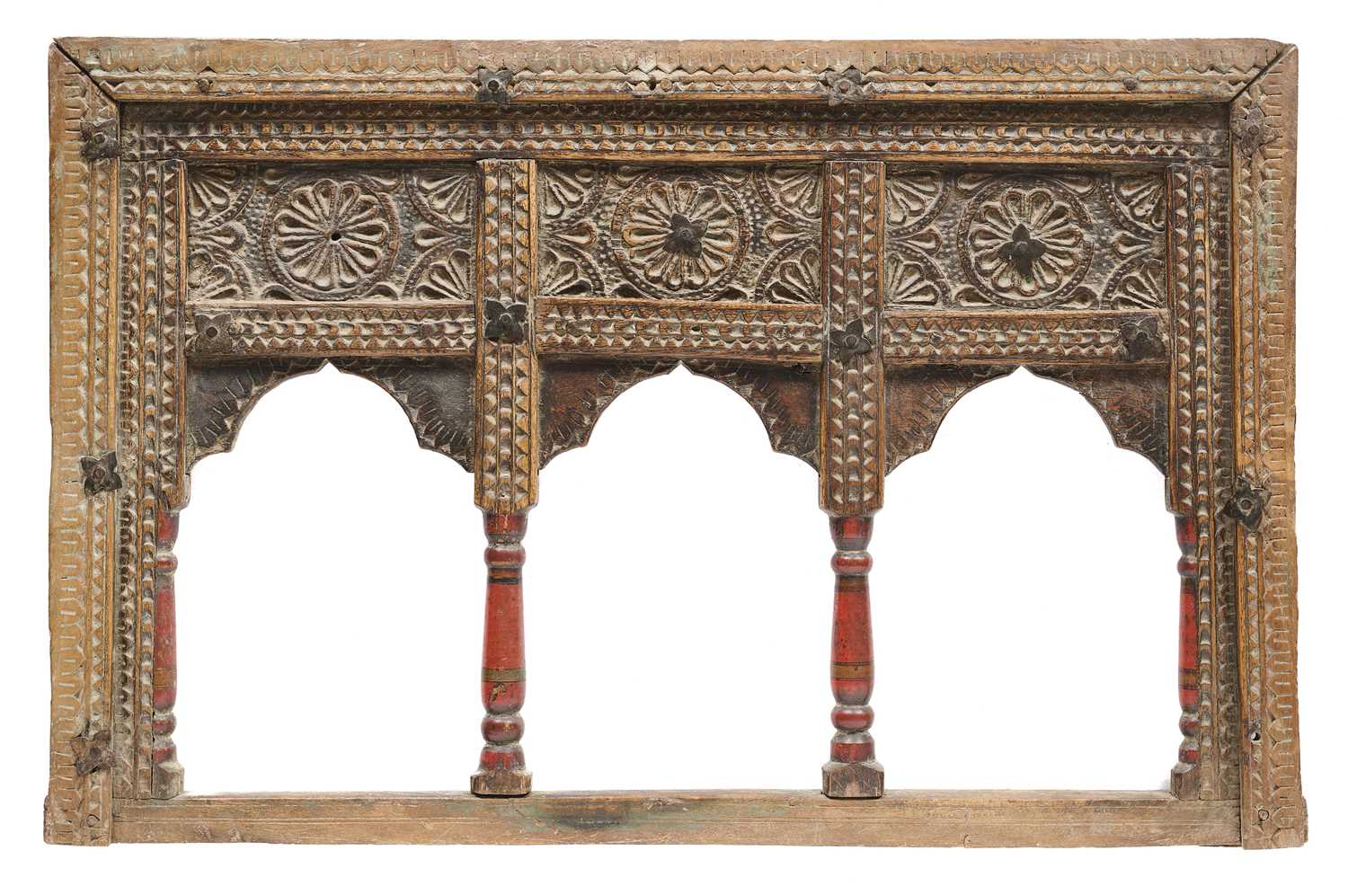 Lot 39 - A CARVED AND PAINTED WOOD SHELF FRONT, SWAT