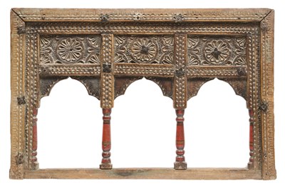 Lot 39 - A CARVED AND PAINTED WOOD SHELF FRONT, SWAT VALLEY, PAKISTAN, 19TH CENTURY