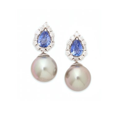 Lot 448 - PAIR OF CULTURED PEARL, SAPPHIRE AND DIAMOND PENDENT EARRINGS