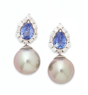 Lot 117 - PAIR OF CULTURED PEARL, SAPPHIRE AND DIAMOND PENDENT EARRINGS