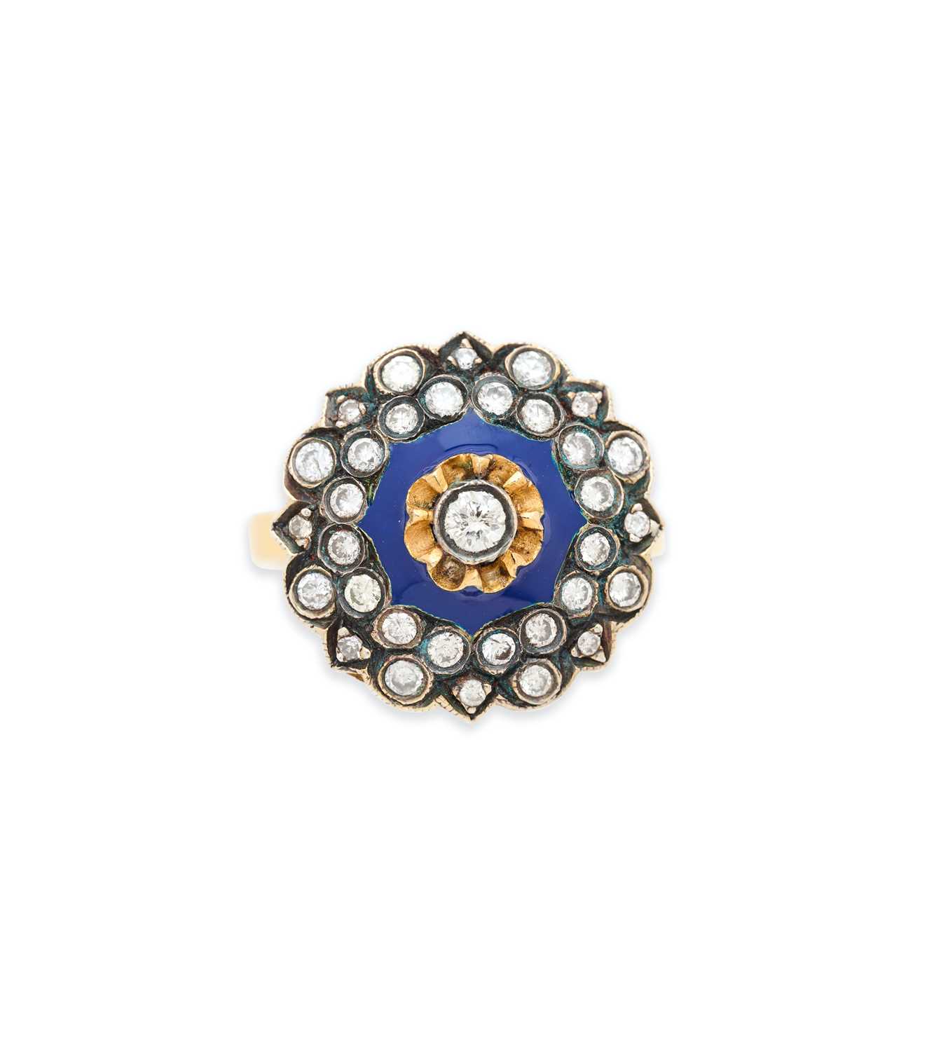 Lot 104 - ENAMEL AND DIAMOND CLUSTER RING