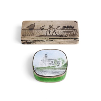 Lot 662 - A DANISH SILVER-GILT AND ENAMEL PILL BOX AND AN IRAQI SILVER AND NIELLO STAMP BOX