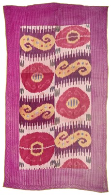 Lot 50 - AN IKAT AND SILK QUILTED PANEL, UZBEKISTAN, PROBABLY BOKHARA, LATE 19TH/EARLY 20TH CENTURY