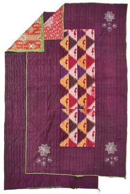 Lot 48 - AN IKAT AND SILK QUILTED PANEL, AND A PLAIN SILK QUILTED PANEL, UZBEKISTAN, CIRCA 1900