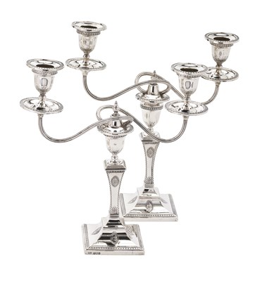 Lot 119 - A PAIR OF EDWARDIAN SILVER TWO-LIGHT CANDELABRA