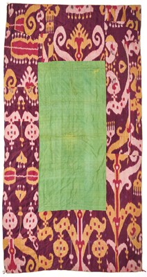 Lot 25 - A SILK AND IKAT QUILTED PANEL, UZBEKISTAN, PROBABLY BOKHARA, CIRCA 1900