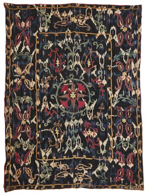 Lot 31 - A FERGHANA IKAT SUZANI PANEL, EMBROIDERY PROBABLY LAKAI, UZBEKISTAN, LAST QUARTER 19TH CENTURY