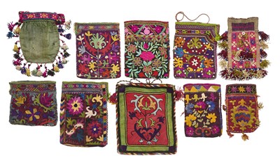 Lot 146 - A COLLECTION OF TEN EMBROIDERED LAKAI AND UZBEK POUCHES, 20TH CENTURY