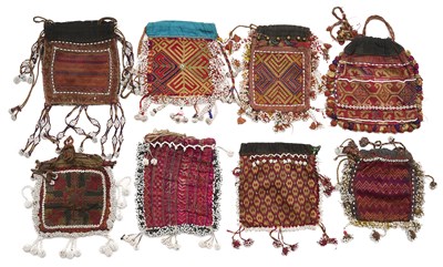 Lot 182 - A COLLECTION OF EIGHT HAZARA POUCHES, AFGHANISTAN, LATE 19TH/EARLY 20TH CENTURY