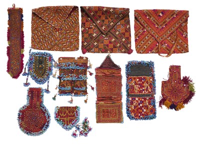 Lot 185 - A COLLECTION OF EIGHT KATAWAZ EMBROIDERIES, AFGHANISTAN, AND THREE BELUCH POUCHES, 20TH CENTURY