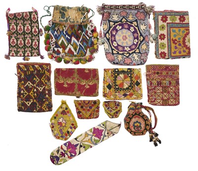 Lot 147 - AN UZBEK BEADED POUCH AND TWELVE OTHERS, SHAKHRISYABZ, BOKHARA, UZBEKISTAN, 19TH AND 20TH CENTURY