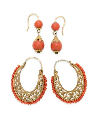 Lot 26 - TWO PAIRS OF CORAL EARRINGS, MID 19TH CENTURY