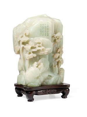 Lot 24 - A CHINESE IMPERIALLY INSCRIBED JADE MOUNTAIN, QING DYNASTY