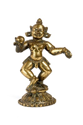 Lot 419 - A BRONZE FIGURE OF DANCING KRISHNA, ORISSA (NOW ODISHA), CIRCA 18TH CENTURY