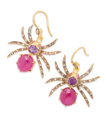 Lot 108 - PAIR OF GEM-SET AND DIAMOND PENDENT EARRINGS