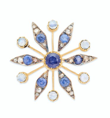 Lot 89 - SAPPHIRE, MOONSTONE AND DIAMOND BROOCH/PENDANT