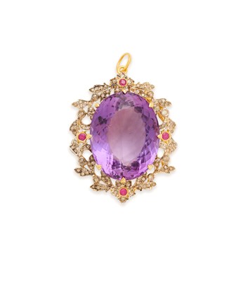 Lot 100 - AMETHYST, RUBY AND DIAMOND PENDANT