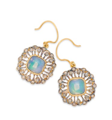 Lot 71 - PAIR OF OPAL AND DIAMOND PENDENT EARRINGS