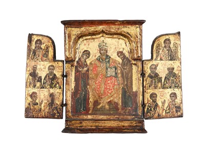 Lot 47 - A TRIPTYCH ICON OF THE DEISIS AND SAINTS, NORTHERN GREECE, 18TH CENTURY