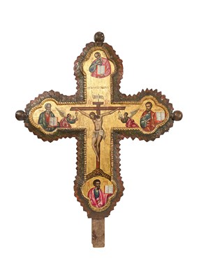 Lot 46 - A CRETAN SCHOOL CROSS, CIRCLE OF EMMANUEL LOMBARDOS (OR LAMD(/P)ARDOS, 1567-1631), LATE 16TH CENTURY