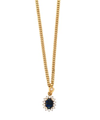 Lot 395 - SAPPHIRE AND DIAMOND CLUSTER PENDANT, 1980s