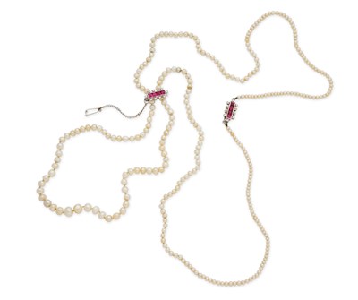 Lot 497 - NATURAL PEARL, RUBY AND DIAMOND NECKLACE