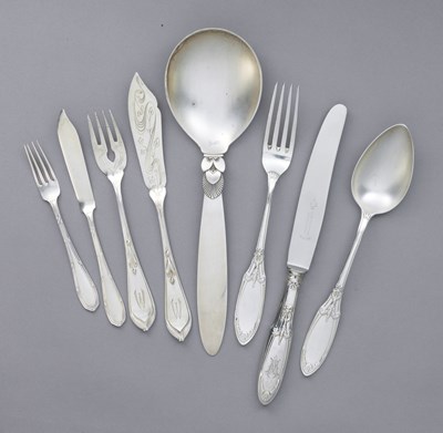 Lot 174 - A SET OF TEN FRENCH SILVER TEASPOONS AND A PAIR SUGAR TONGS