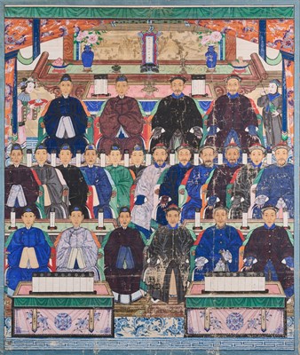 Lot 94 - CHINESE SCHOOL, A LARGE ANCESTRAL GROUP PORTRAIT, DATED 11TH YEAR TONGZHI PERIOD, 1872