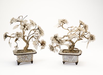 Lot 64 - A PAIR OF CHINESE HARDSTONE MOUNTED TREES IN CLOISONNE JARDINIERES