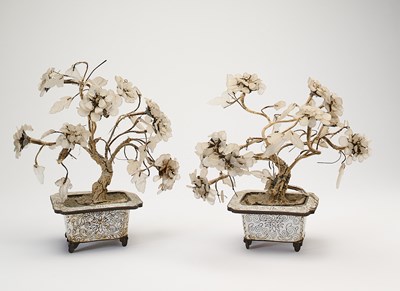Lot 64 - A PAIR OF CHINESE HARDSTONE MOUNTED TREES IN CLOISONNE JARDINIERES