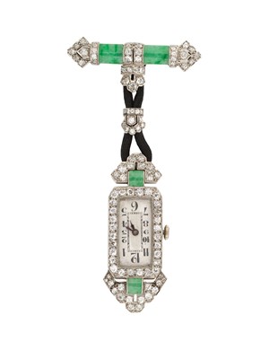 Lot 469 - ART DECO JADEITE AND DIAMOND LAPEL WATCH, 1920s