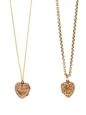 Lot 369 - TWO HEART-SHAPED LOCKETS, 1900s AND CHAINS