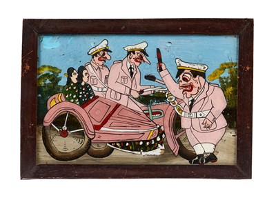 Lot 483 - TWO SATIRICAL REVERSE GLASS PAINTINGS, JAVA, INDONESIA, MID-20TH CENTURY