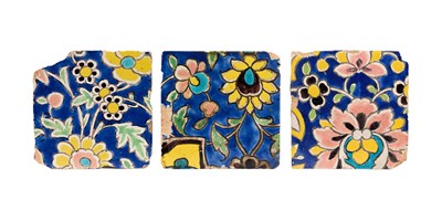 Lot 382 - THREE QAJAR CUERDA SECA TILES, PROBABLY SHIRAZ, PERSIA, 19TH CENTURY