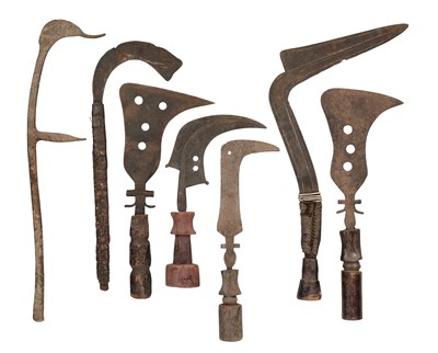 Lot 123 - NINE CONGOLESE TRUMBASH KNIVES OF THE MANGBETU PEOPLE, AND TWELVE AFRICAN THROWING KNIVES OF THE