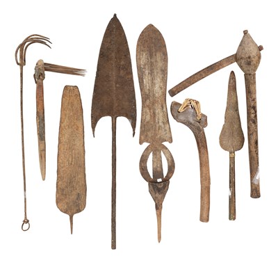 Lot 127 - TWO LARGE CONGOLESE KNIVES, SIX VARIOUS AFRICAN SPEARHEADS, AND SIX OTHER AFRICAN ITEMS