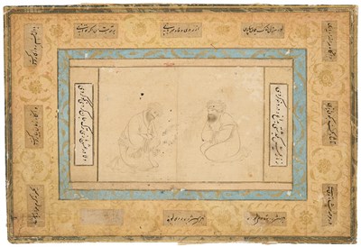 Lot 15 - A SAFAVID DRAWING OF TWO FIGURES, IN THE STYLE OF RIZA-I ABBASI, PERSIA, CIRCA 1620