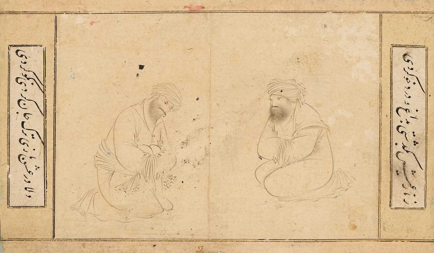 Lot 15 - A SAFAVID DRAWING OF TWO FIGURES, IN THE STYLE OF RIZA-I ABBASI, PERSIA, CIRCA 1620