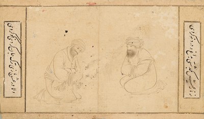 Lot 15 - A SAFAVID DRAWING OF TWO FIGURES, IN THE STYLE OF RIZA-I ABBASI, PERSIA, CIRCA 1620