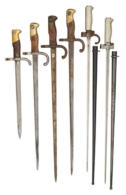 Lot 443 - FOUR FRENCH 1874 MODEL GRAS BAYONETS, A FRENCH WWI PERIOD LEBEL BAYONET, AND