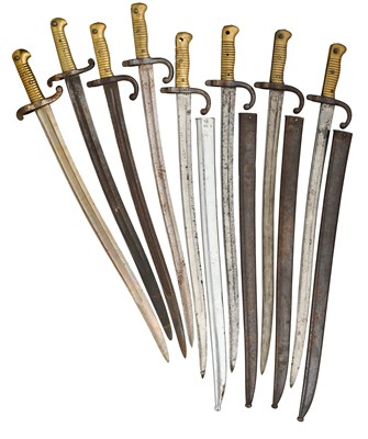 Lot 442 - SIX FRENCH CHASSEPOT 1866 MODEL BAYONETS, AND TWO FRENCH 1842 MODEL BAYONETS