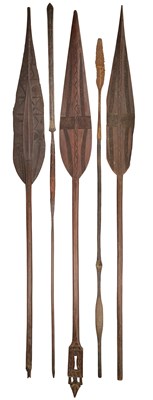 Lot 373 - SIX AFRICAN AND OCEANIC PADDLE SPEARS, AND TEN VARIOUS AFRICAN SPEARS, MOSTLY 20TH CENTURY